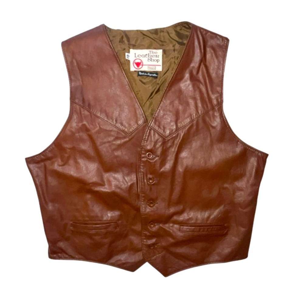 Vintage Sears The Leather Shop Burgundy Leather Vest Button Down Size 46 Reg